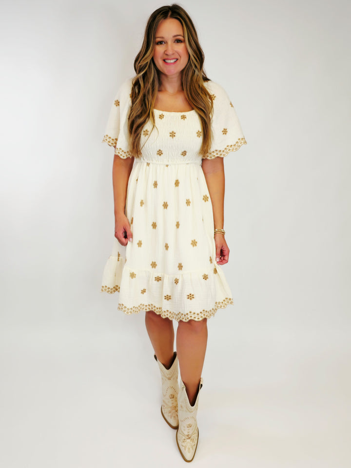 EMBROIDERED COTTON GAUZE SHORT DRESS - IVORY
