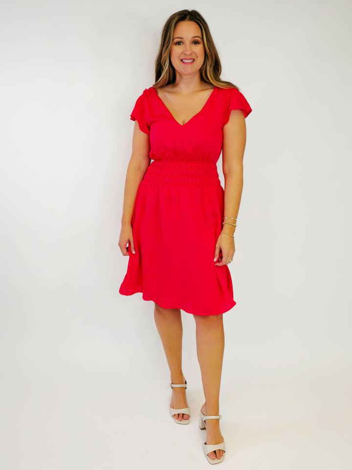 DOUBLE V-NECK FLUTTER SLEEVE SMOCKED SHORT DRESS - RED