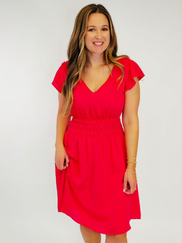 DOUBLE V-NECK FLUTTER SLEEVE SMOCKED SHORT DRESS - RED