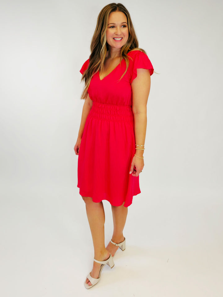 DOUBLE V-NECK FLUTTER SLEEVE SMOCKED SHORT DRESS - RED