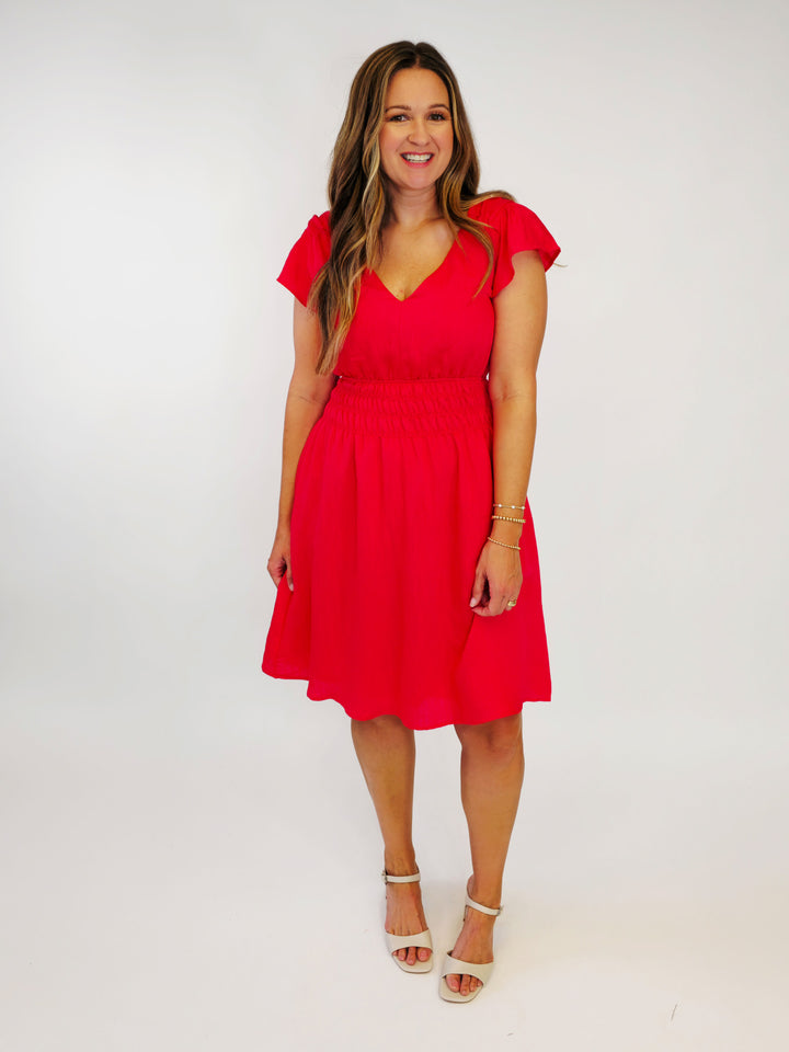 DOUBLE V-NECK FLUTTER SLEEVE SMOCKED SHORT DRESS - RED