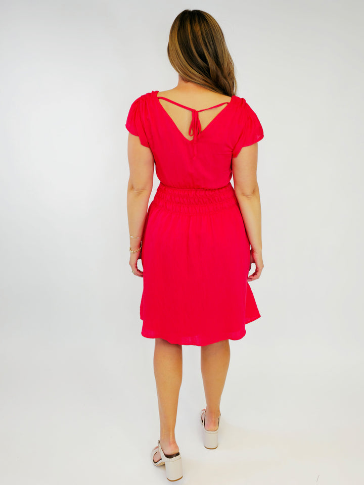 DOUBLE V-NECK FLUTTER SLEEVE SMOCKED SHORT DRESS - RED