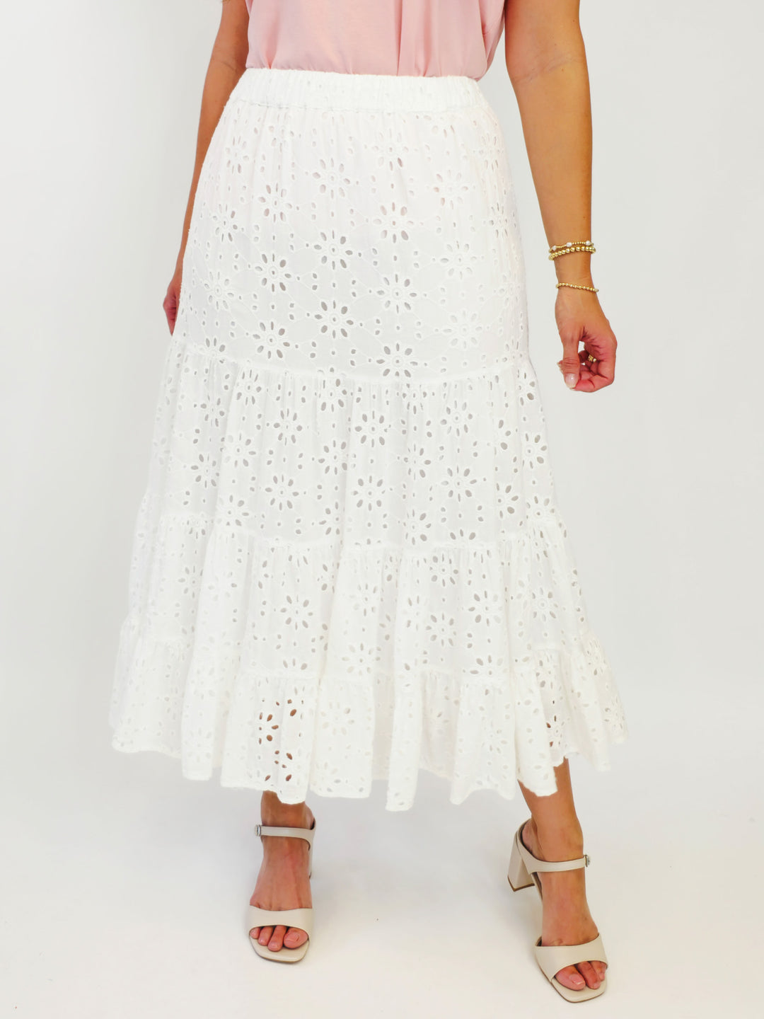 COTTON EYELET LACE TIERED MAXI SKIRT - WHITE