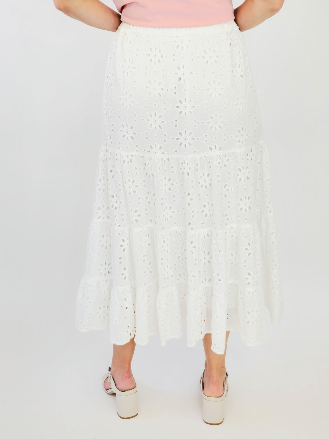 COTTON EYELET LACE TIERED MAXI SKIRT - WHITE