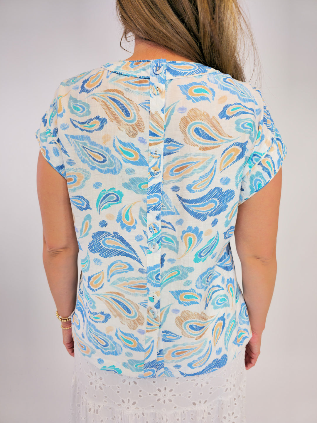 PAISLEY PRINT CAP SLEEVE BLOUSE - BLUE MIX
