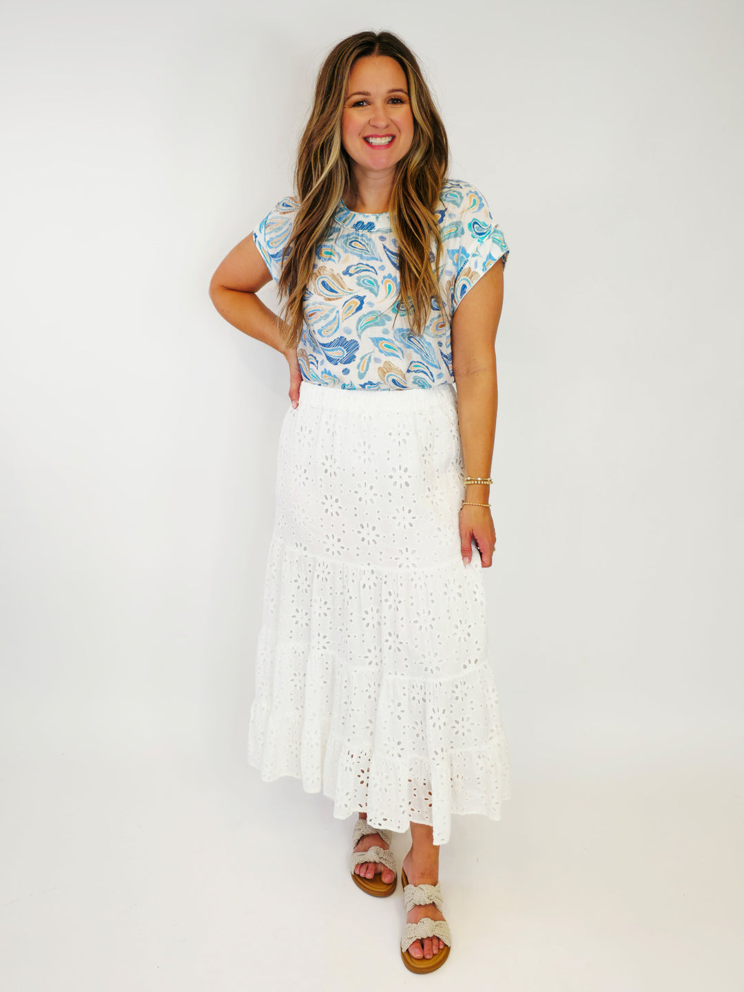 PAISLEY PRINT CAP SLEEVE BLOUSE - BLUE MIX