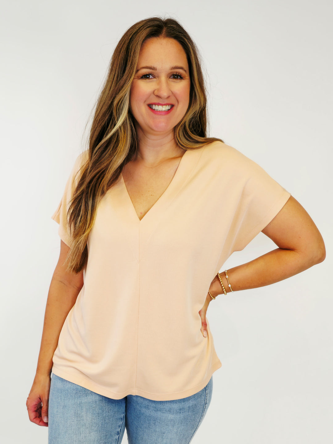 V-NECK MODAL SHORT SLEEVE TOP - PEACH