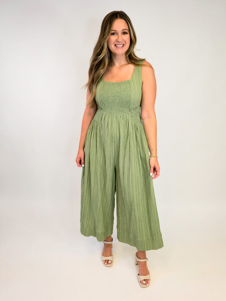 CRINKLED FABRIC WIDE LEG JUMPSUIT - DARK SAGE