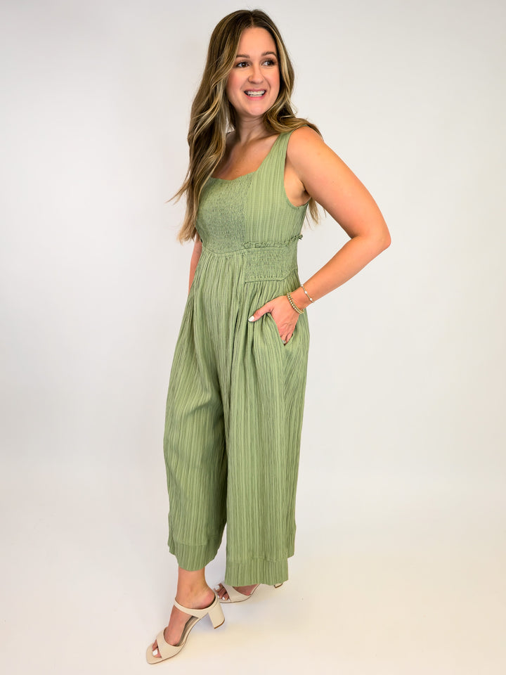 CRINKLED FABRIC WIDE LEG JUMPSUIT - DARK SAGE