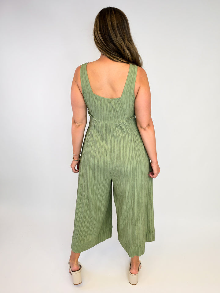CRINKLED FABRIC WIDE LEG JUMPSUIT - DARK SAGE