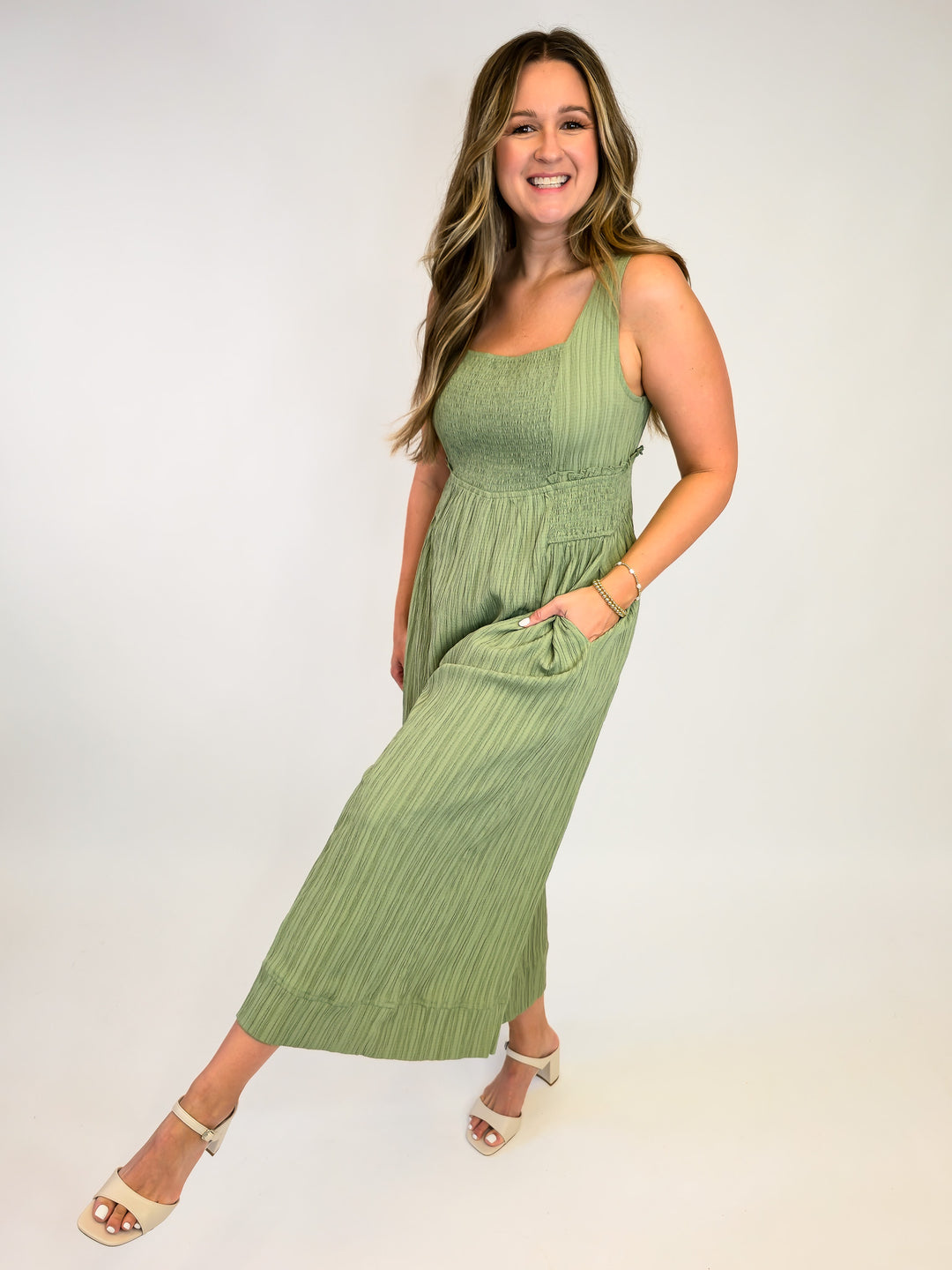 CRINKLED FABRIC WIDE LEG JUMPSUIT - DARK SAGE