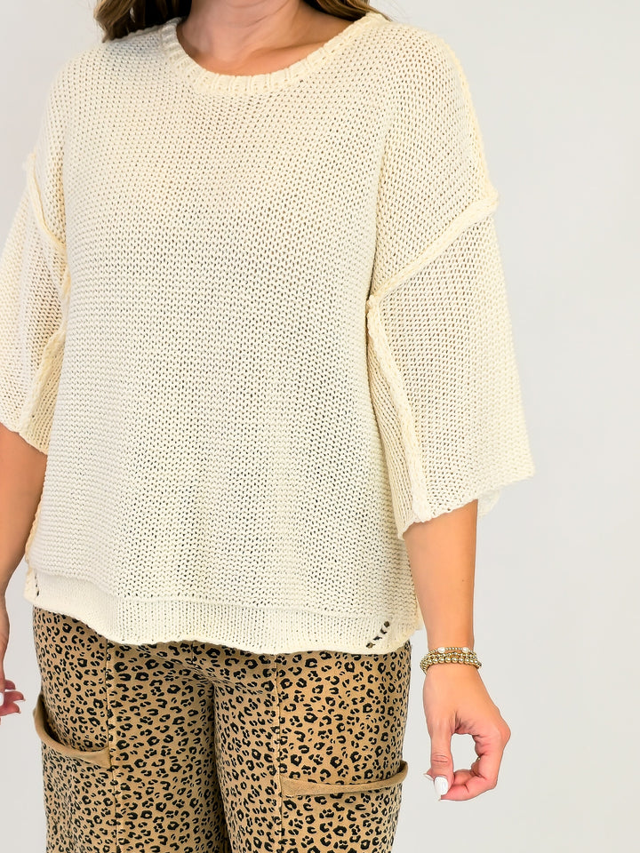 HALF SLEEVE KNIT BOXY SWEATER - IVORY