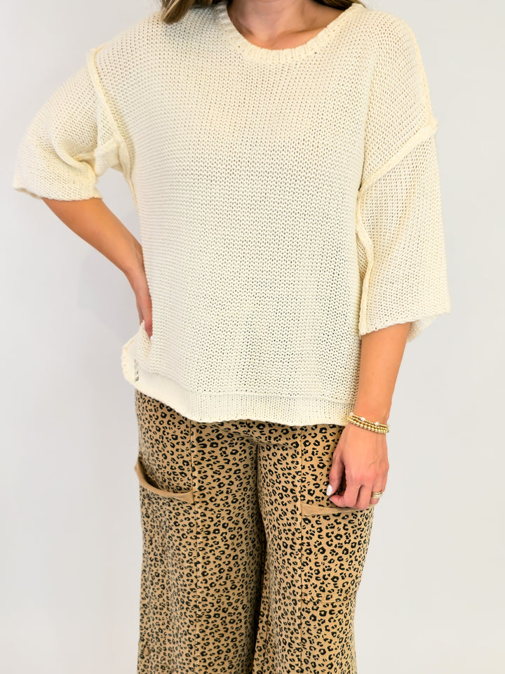 HALF SLEEVE KNIT BOXY SWEATER - IVORY