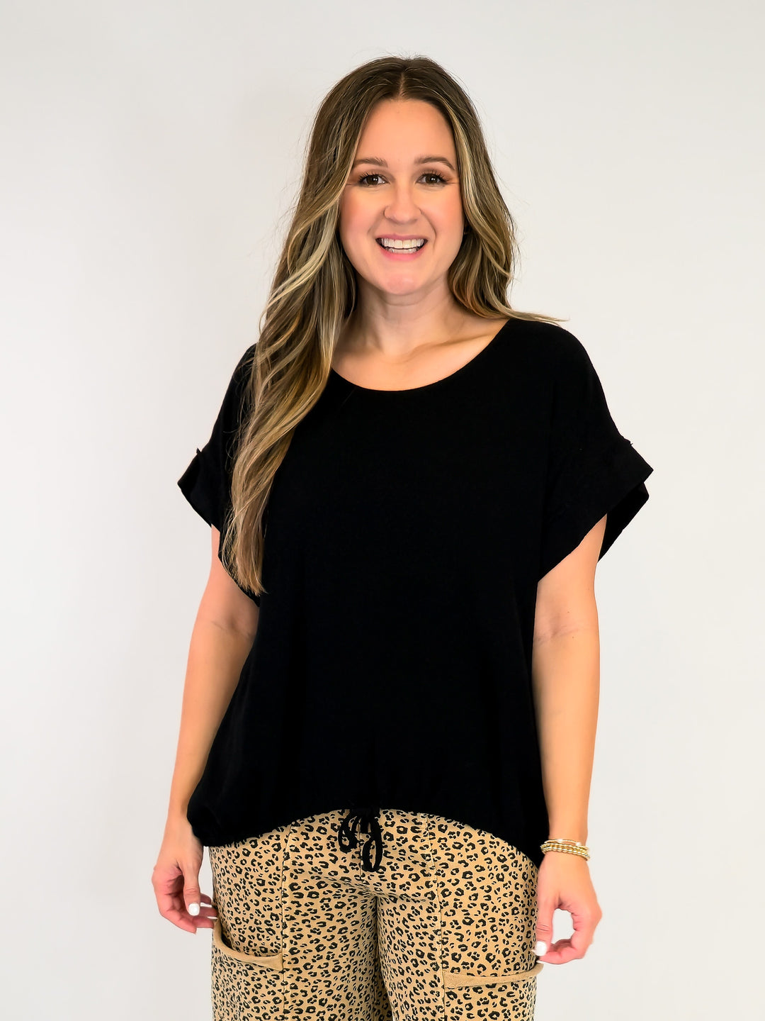 COTTON LINEN TOP W/ADJUSTABLE TIE HEM - BLACK