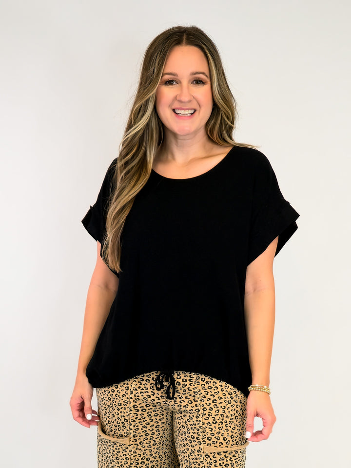 COTTON LINEN TOP W/ADJUSTABLE TIE HEM - BLACK