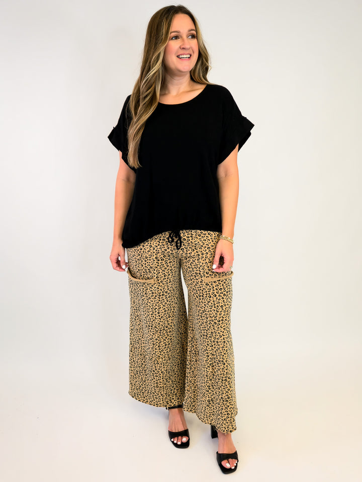 COTTON LINEN TOP W/ADJUSTABLE TIE HEM - BLACK