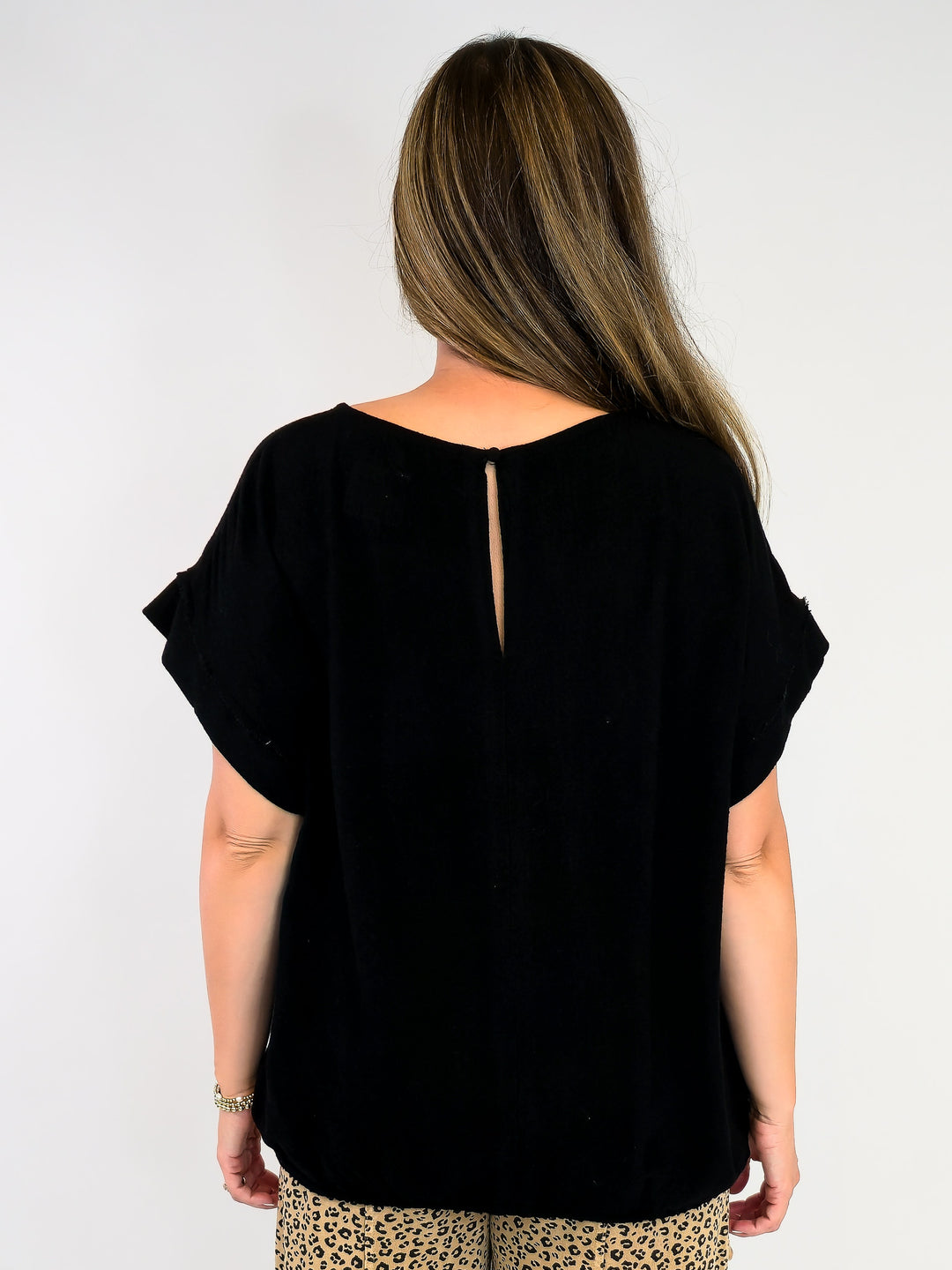 COTTON LINEN TOP W/ADJUSTABLE TIE HEM - BLACK