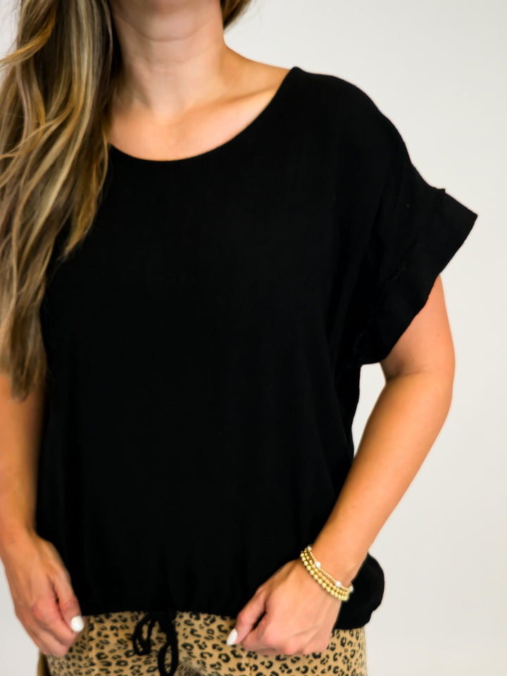 COTTON LINEN TOP W/ADJUSTABLE TIE HEM - BLACK