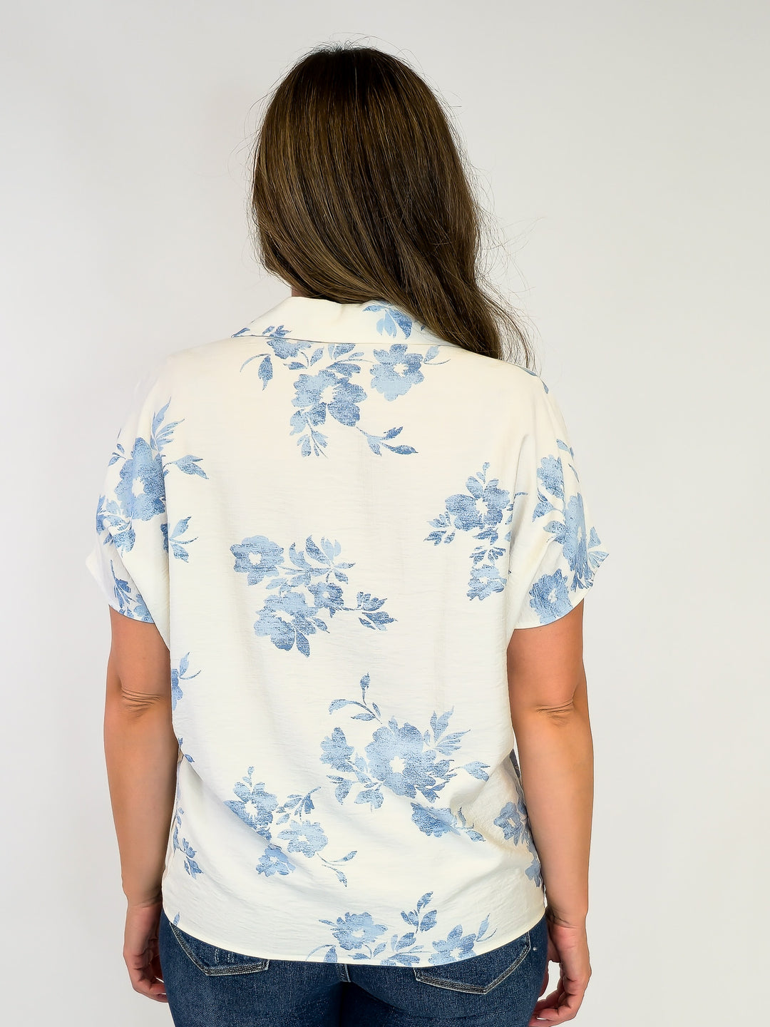 PRINTED COLLARED SHORT SLEEVE BLOUSE - LIGHT BLUE FLORAL