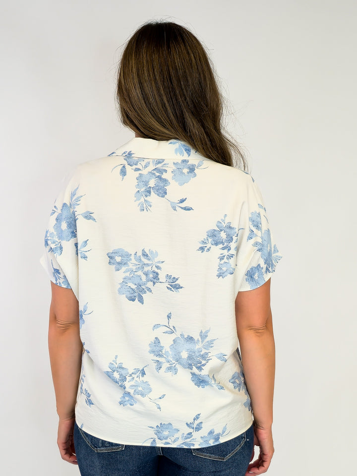 PRINTED COLLARED SHORT SLEEVE BLOUSE - LIGHT BLUE FLORAL