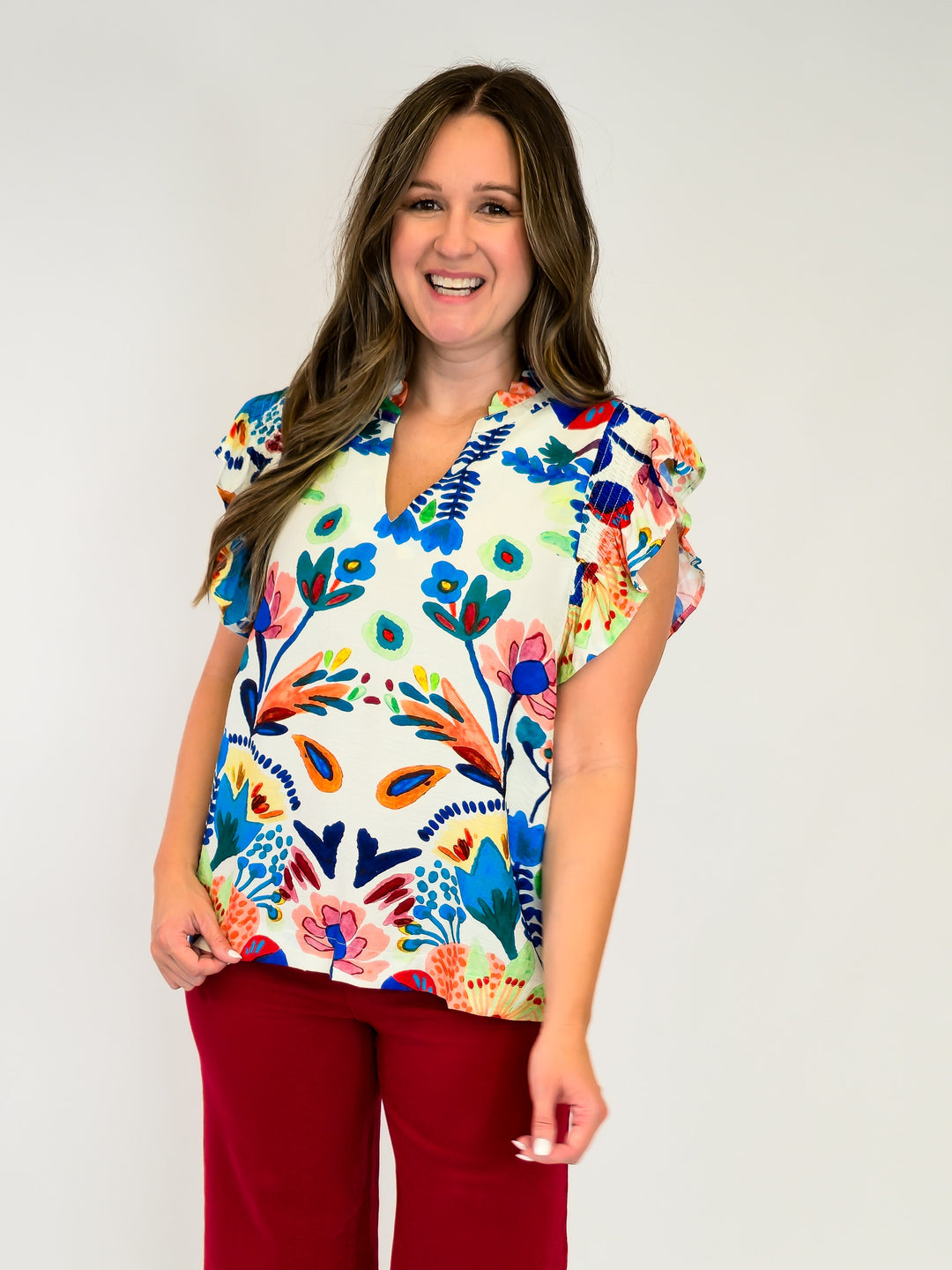 RUFFLE SLEEVE GARDEN FLORAL BABYDOLL TOP - BLUE