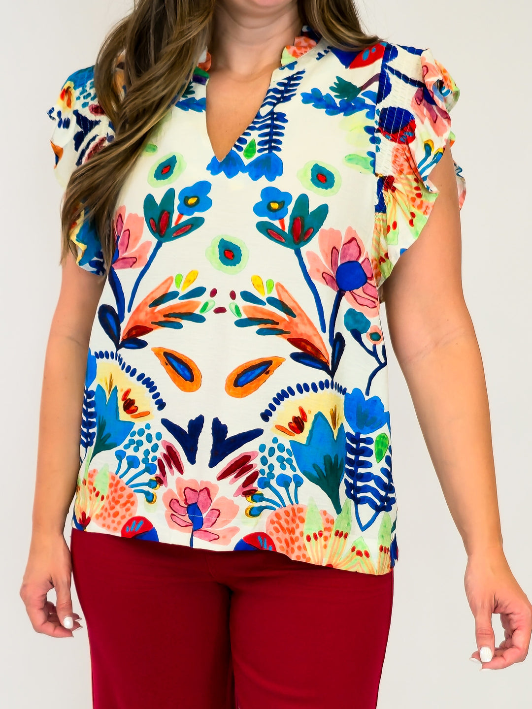 RUFFLE SLEEVE GARDEN FLORAL BABYDOLL TOP - BLUE