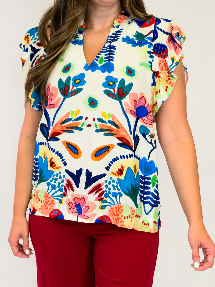 RUFFLE SLEEVE GARDEN FLORAL BABYDOLL TOP - BLUE