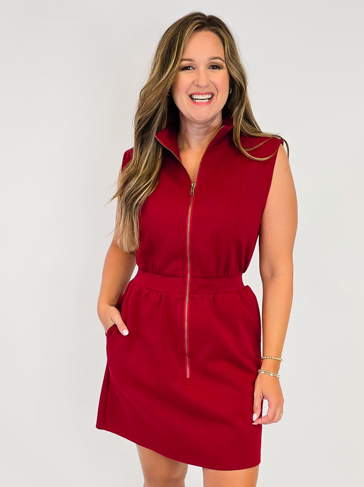 FRONT ZIP ATHLEISURE SHORT DRESS - WINE