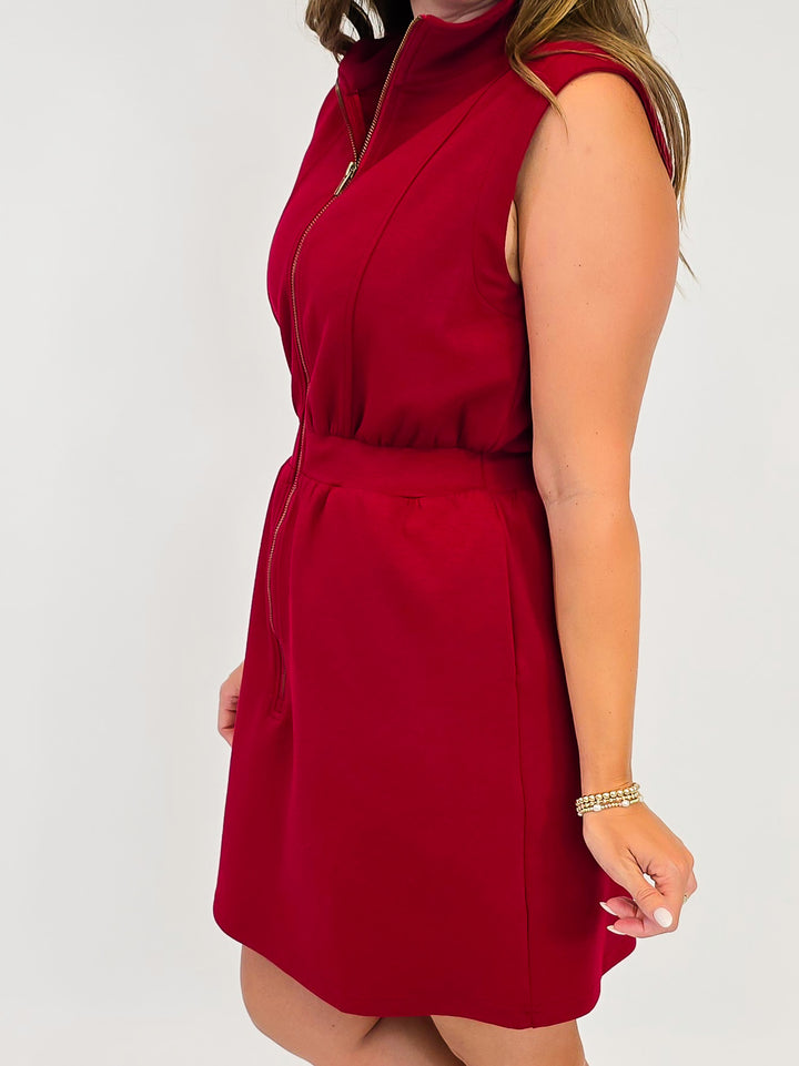 FRONT ZIP ATHLEISURE SHORT DRESS - WINE