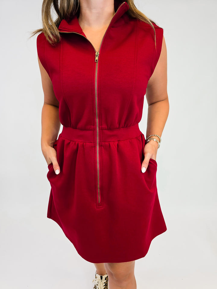 FRONT ZIP ATHLEISURE SHORT DRESS - WINE