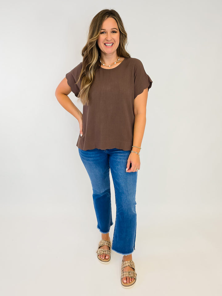 SCALLOP HEM LINEN BLEND TOP - ESPRESSO