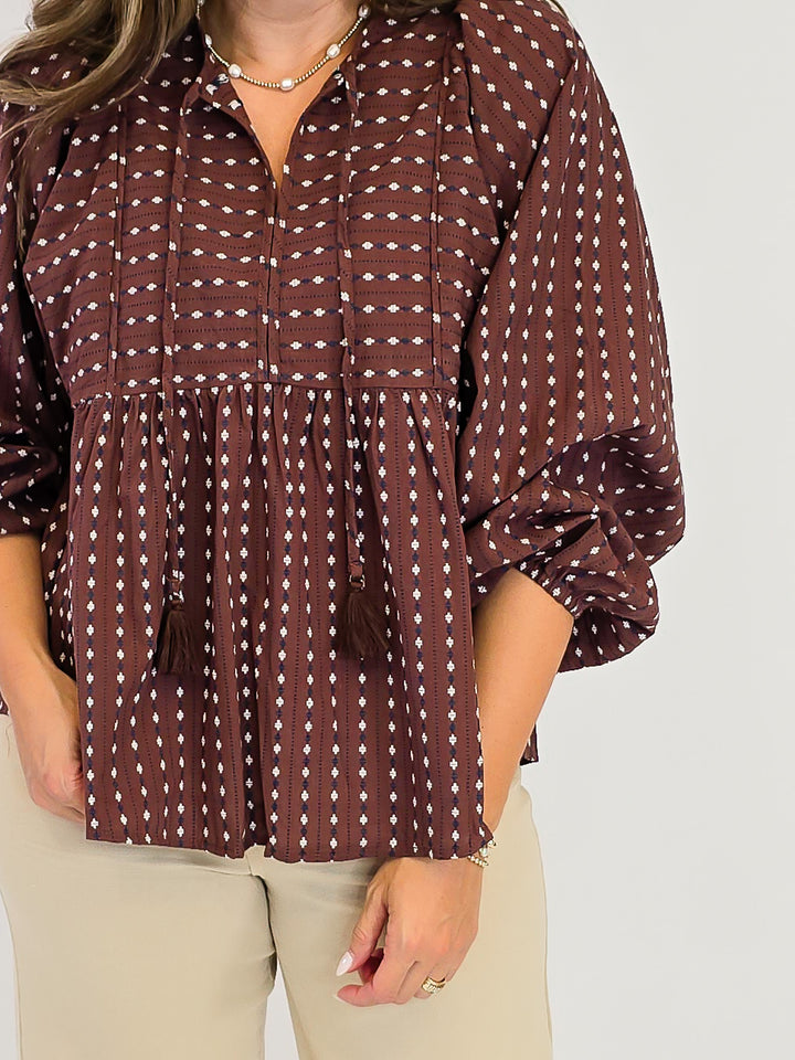TIE FRONT PATTERN LONG SLEEVE BLOUSE - BROWNIE