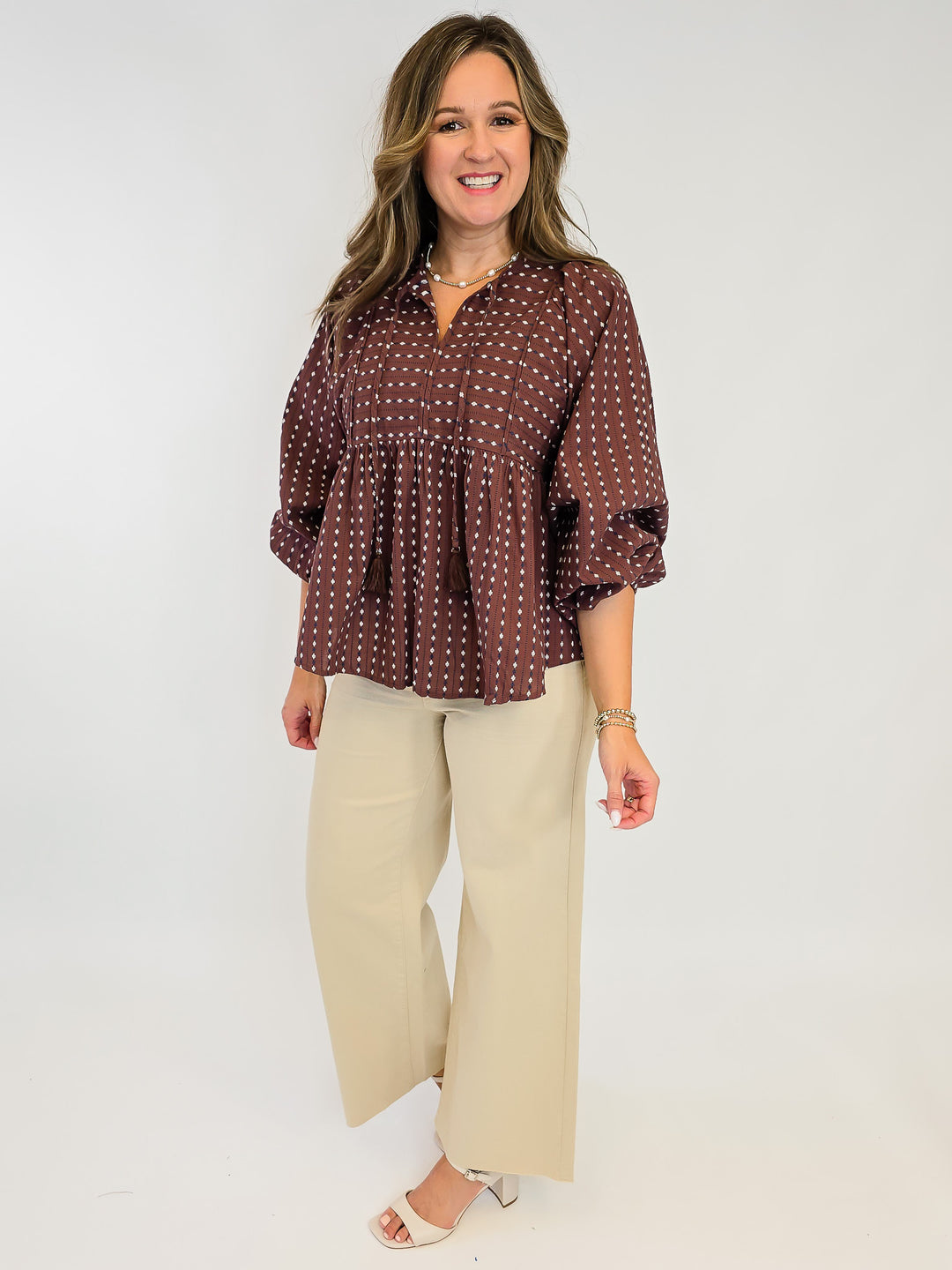 TIE FRONT PATTERN LONG SLEEVE BLOUSE - BROWNIE