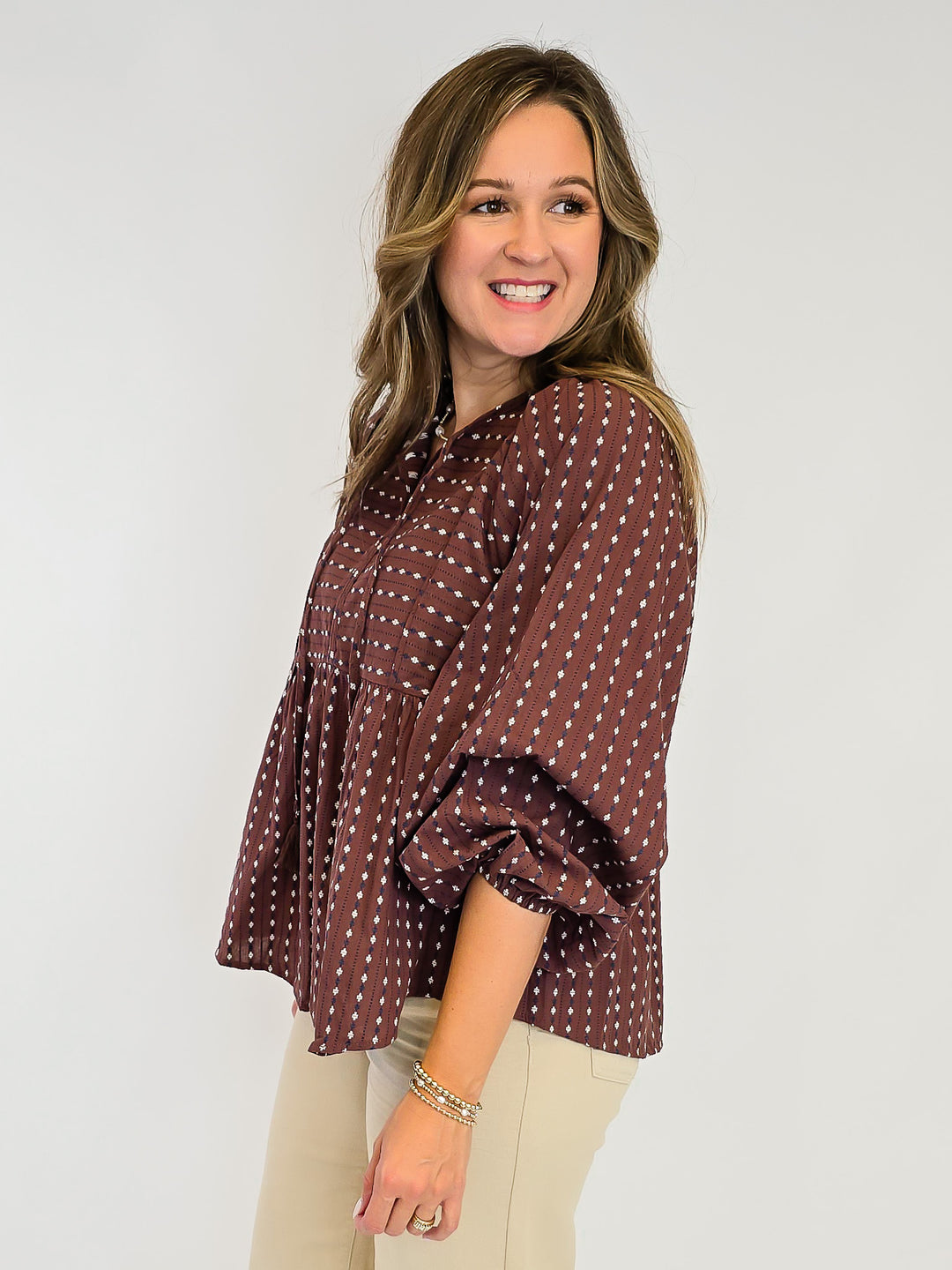 TIE FRONT PATTERN LONG SLEEVE BLOUSE - BROWNIE