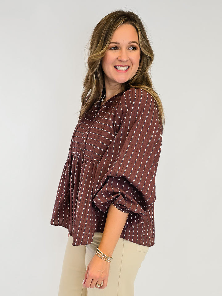 TIE FRONT PATTERN LONG SLEEVE BLOUSE - BROWNIE