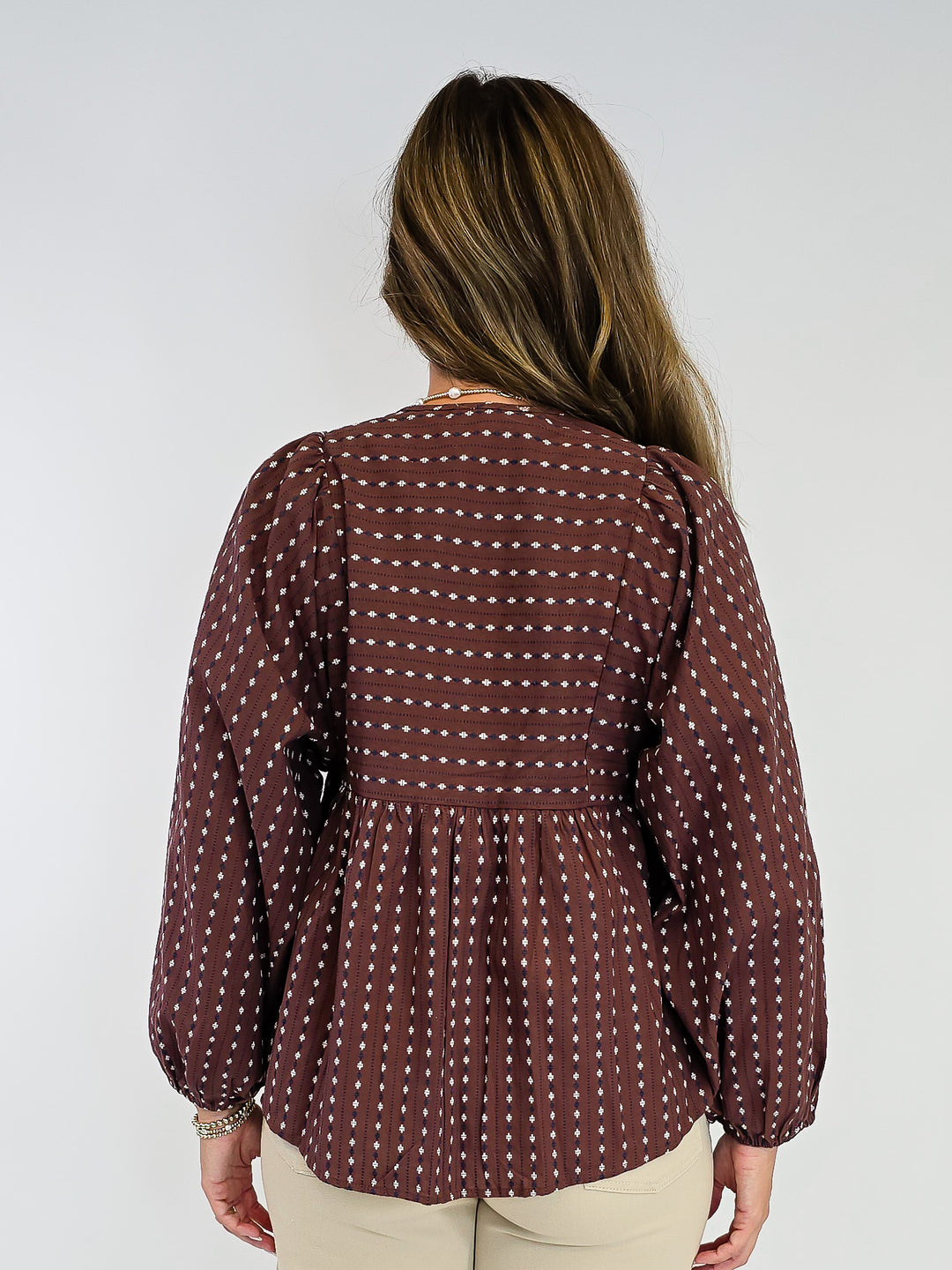 TIE FRONT PATTERN LONG SLEEVE BLOUSE - BROWNIE