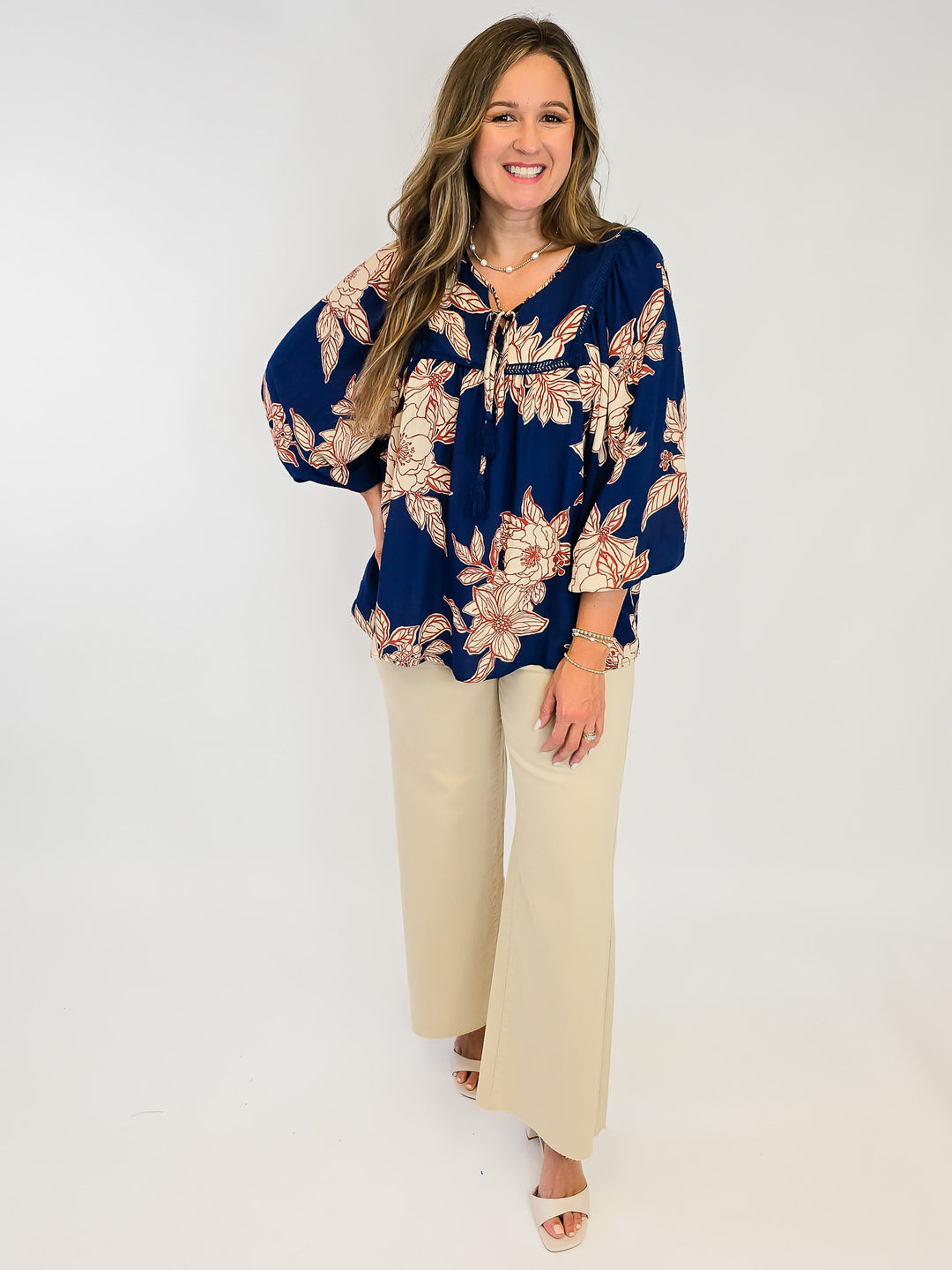 LARGE FLORAL WOVEN TOP W/TASSELS - NAVY