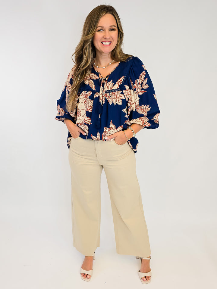 LARGE FLORAL WOVEN TOP W/TASSELS - NAVY