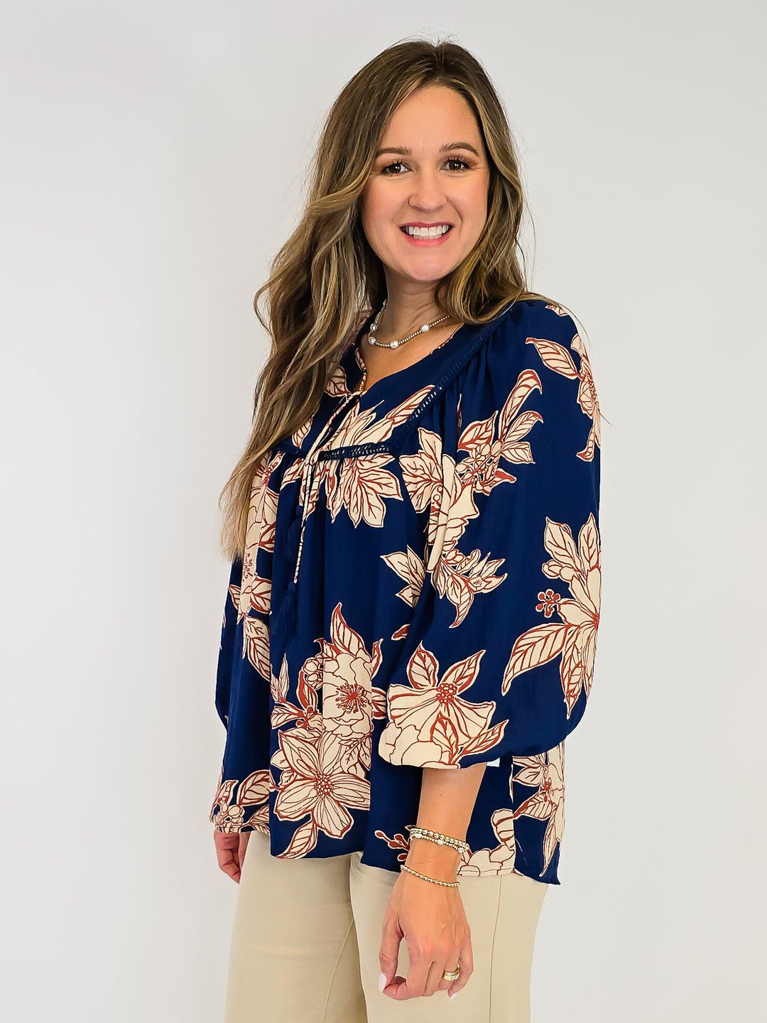 LARGE FLORAL WOVEN TOP W/TASSELS - NAVY