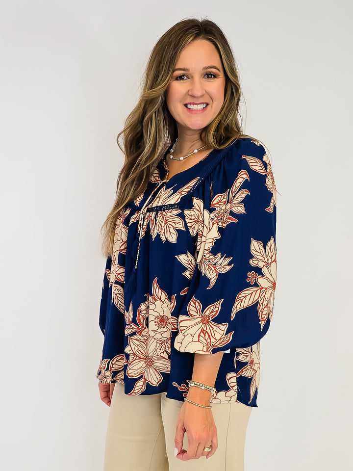 LARGE FLORAL WOVEN TOP W/TASSELS - NAVY