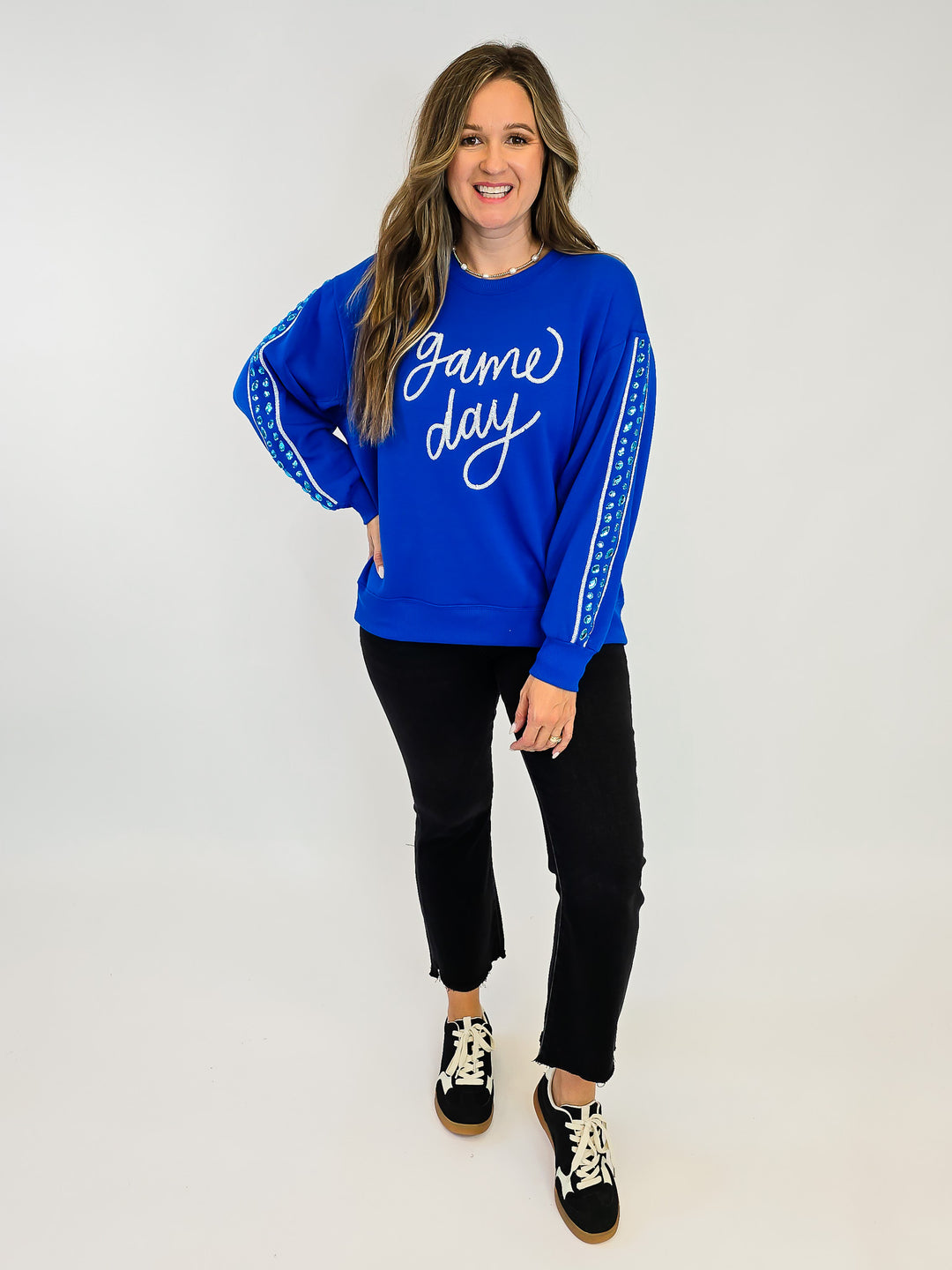 SHORT SLEEVE SARAH GAME DAY SWEATSHIRT - BLUE/WHITE
