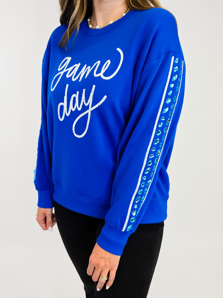 SHORT SLEEVE SARAH GAME DAY SWEATSHIRT - BLUE/WHITE