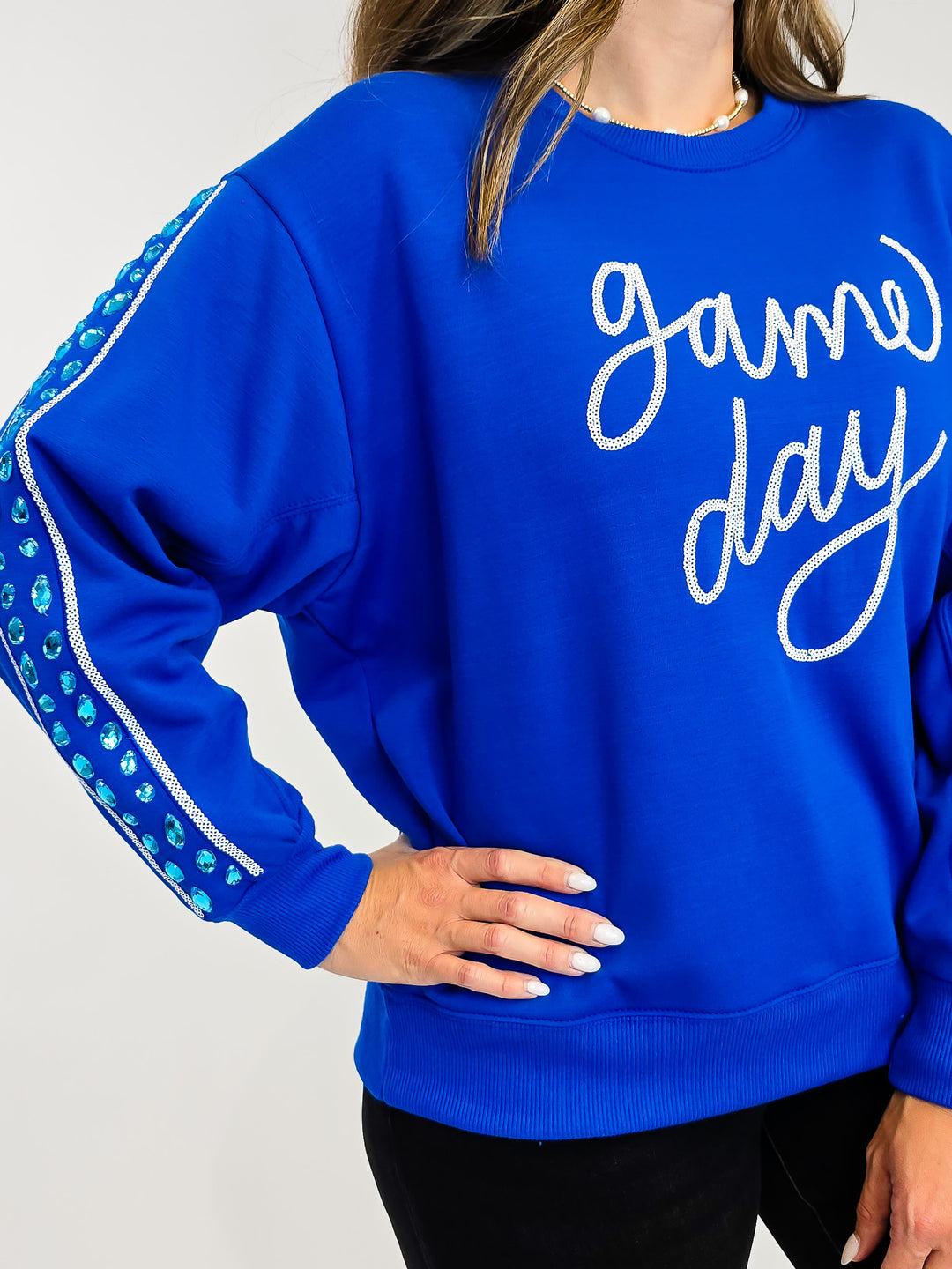 SHORT SLEEVE SARAH GAME DAY SWEATSHIRT - BLUE/WHITE