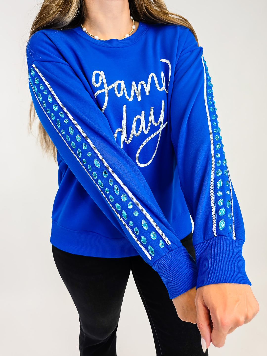 SHORT SLEEVE SARAH GAME DAY SWEATSHIRT - BLUE/WHITE