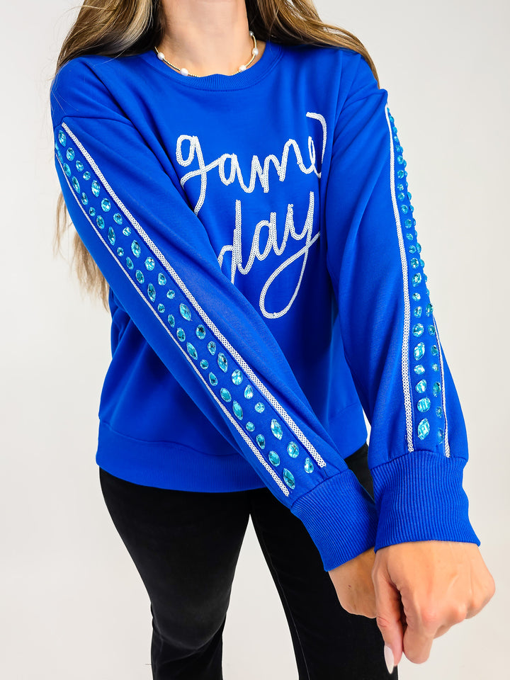 SHORT SLEEVE SARAH GAME DAY SWEATSHIRT - BLUE/WHITE