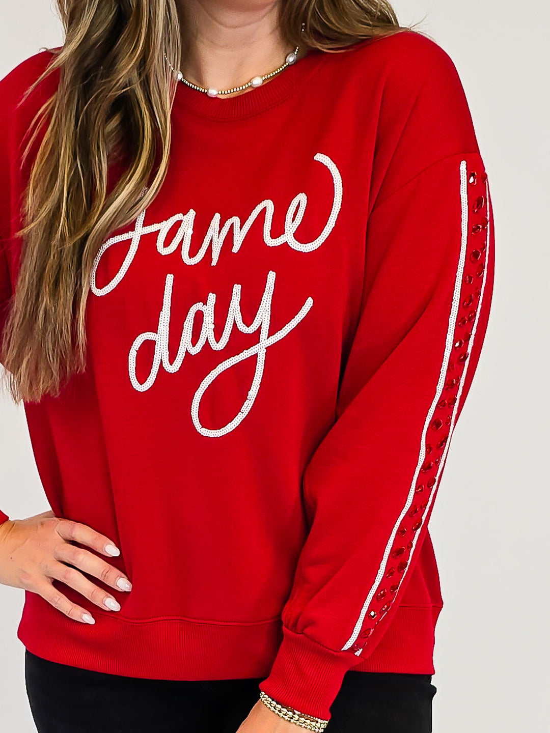 LONG SLEEVE SARAH GAME DAY SWEATSHIRT - CRIMSON/WHITE
