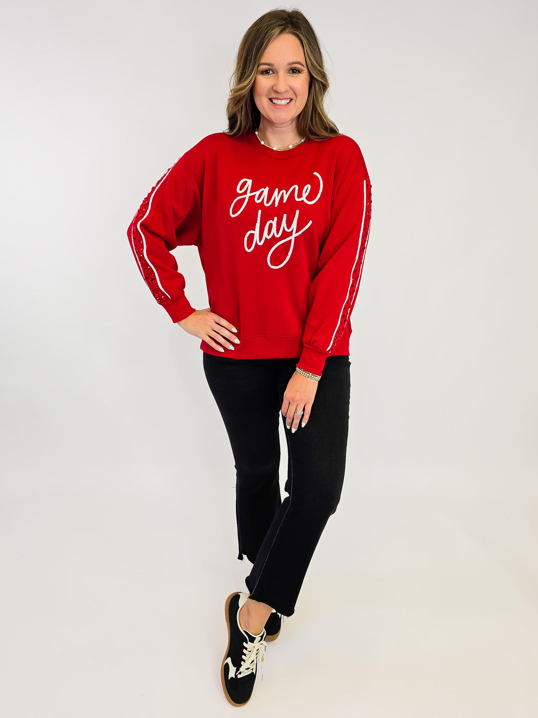 LONG SLEEVE SARAH GAME DAY SWEATSHIRT - CRIMSON/WHITE