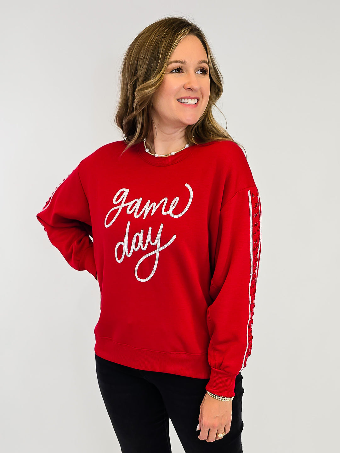 LONG SLEEVE SARAH GAME DAY SWEATSHIRT - CRIMSON/WHITE