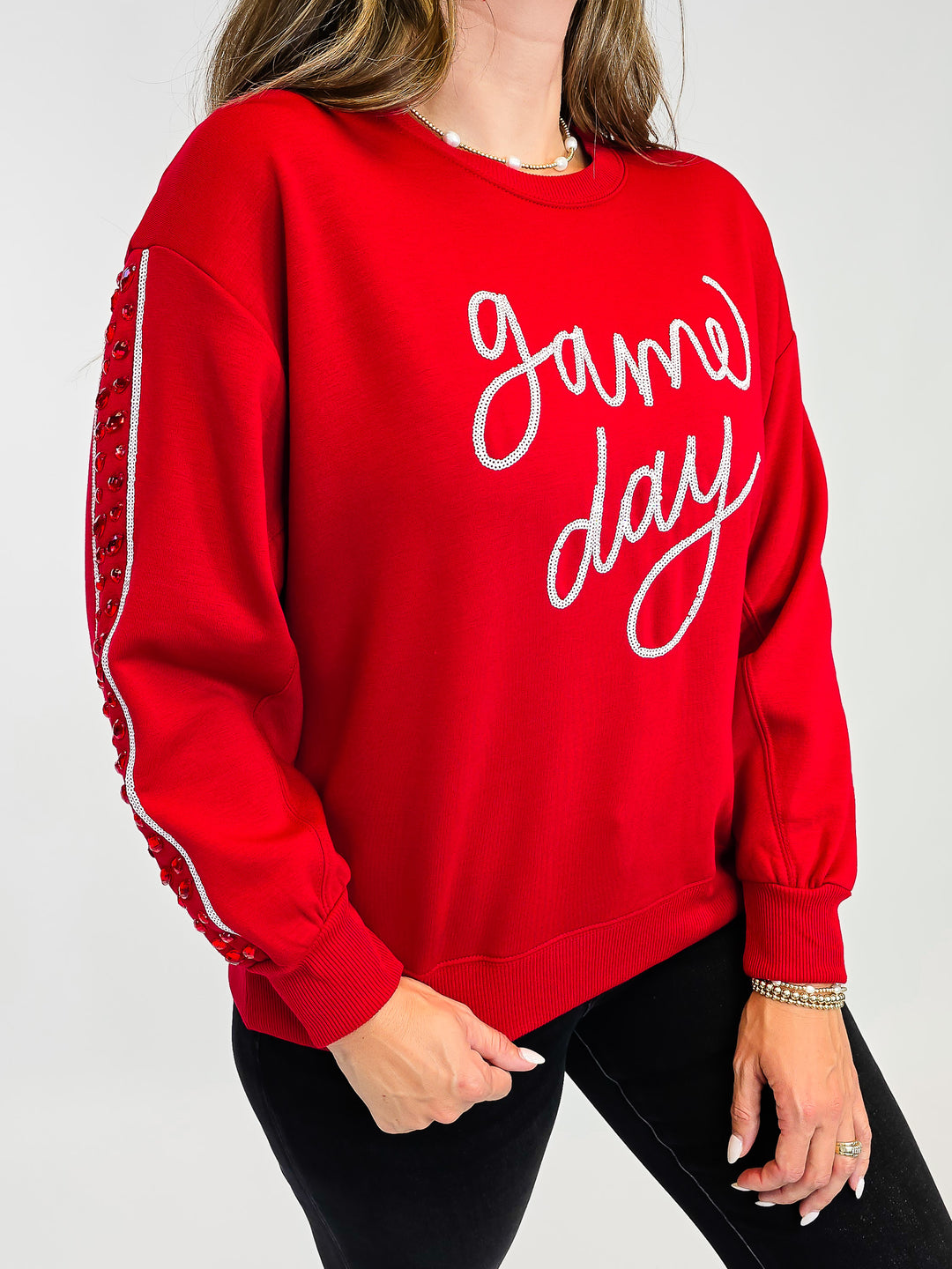 LONG SLEEVE SARAH GAME DAY SWEATSHIRT - CRIMSON/WHITE