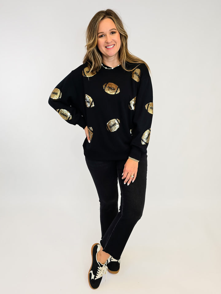 3/4 SLEEVE SARAH SEQUIN FOOTBALL SWEATSHIRT - BLACK/GOLD